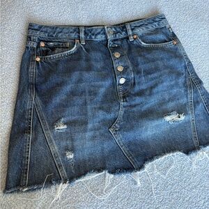 Free People Denim Mini Skirt | Distressed Hem | Size L